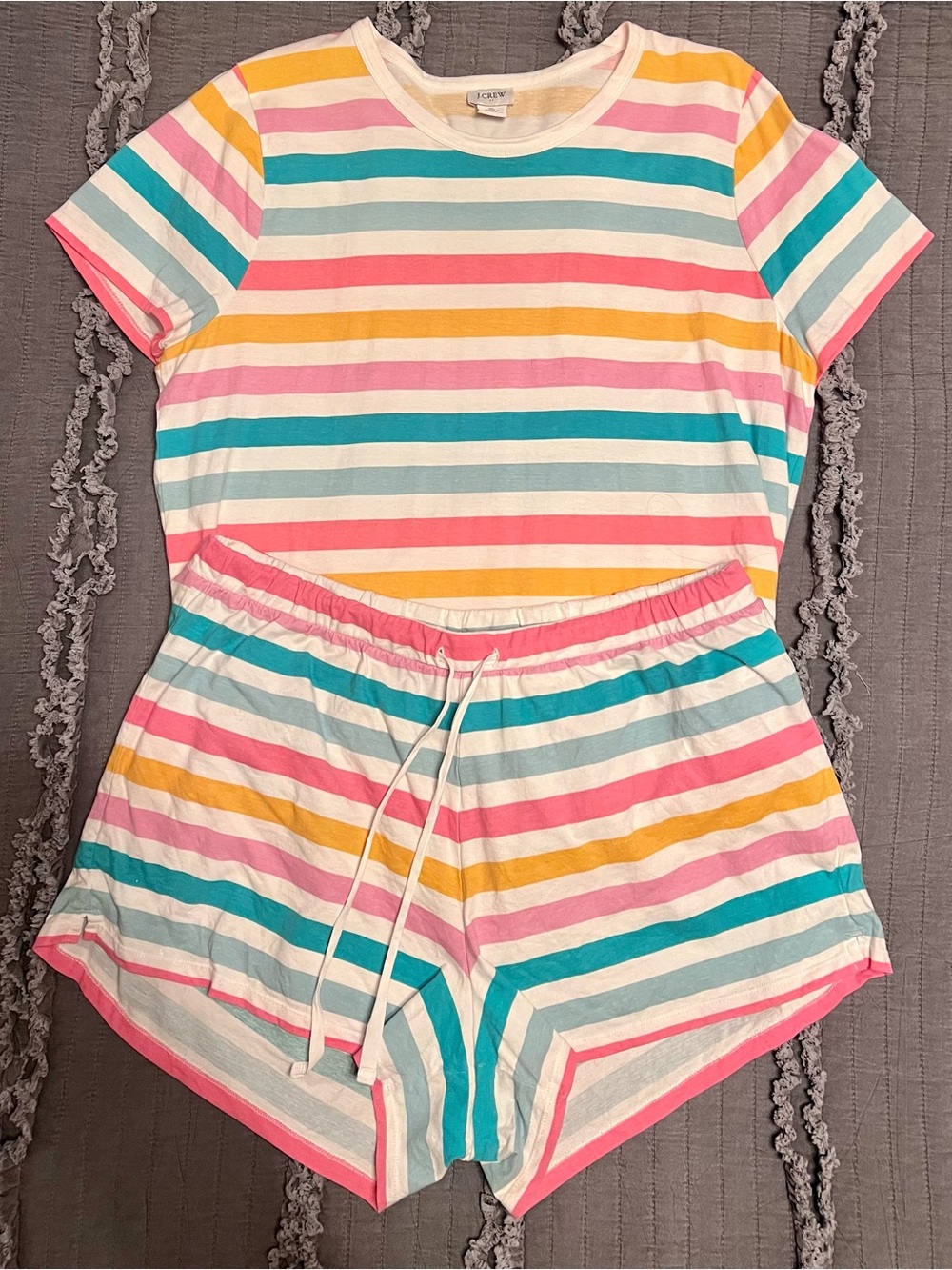 J. Crew Women’s Multicolor Stripe Pajama Set - Pink, Teal & Yellow - Picture 2 of 4